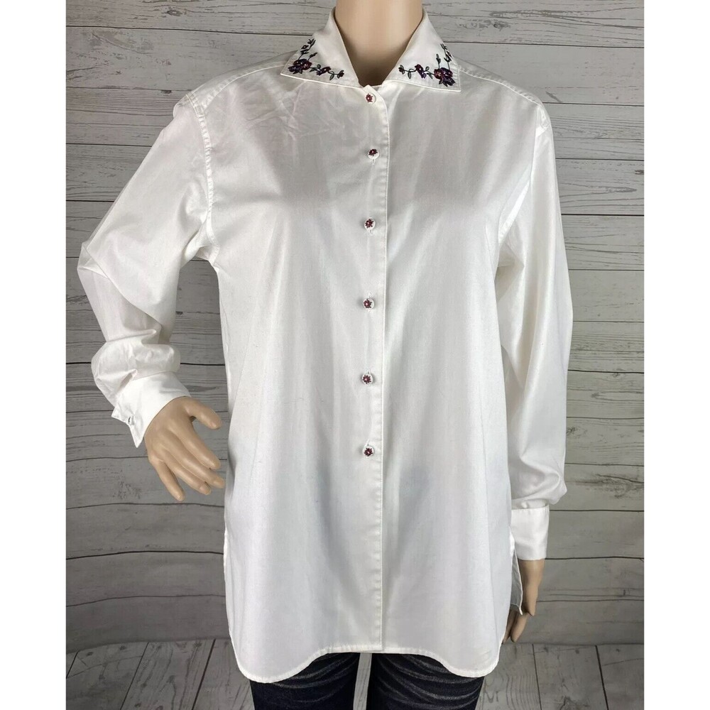 Foxy Lady Blouse Floral Button Down Embroidered Collar Unique